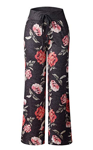 Image of AMiERY Women's Comfy Casual Pajama Pants Floral Print Drawstring Palazzo Lounge Pants Wide Leg