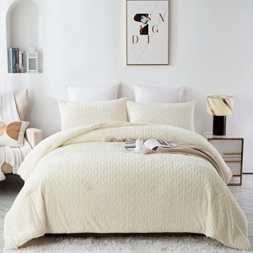 Maphissus Fluffy Boho Cream Ivory Velvet Queen Comforter Set,3 PCS Luxury Soft Beige Faux Fur Tufted Bedding Set for Winter (1 Plush Comforter with 2 Furry Pillow Shams)