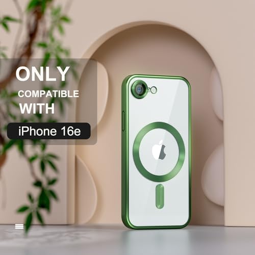 Image of Misea Magnetic for iPhone 17e / 16e Case Compatible with MagSafe Green | [Never Yellowing] [Military Drop Protection] Full Camera Lens Protector Plating Soft Clear Phone Case for Women, Green