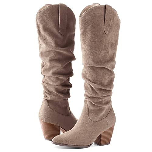 mysoft Women's Cowboy Knee-High Boots Pointed Toe Mid Chunky Heel Pull On Slouchy Boots with Zippers2