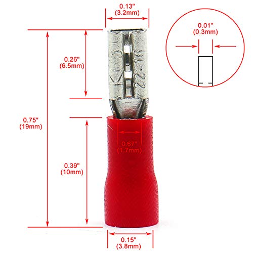 Baomain 100-Pack 0.11" Red Female Insulated Spade Connectors – 18-22 AWG, 2.8x0.5mm, Brass With Tin Plating, Crimp Terminal Wire Connectors