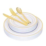 N9R 125PCS White Plastic Plates with Gold Rim & Disposable Gold Plastic Silverware Set, Include 25...