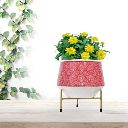 Image of CINAGRO Metal Flower Vase Planter Pot with Iron Stand, Pots for Plants, Plant Pots for Home Decoration, Succulent Pot, Indoor Planter Garden Decor Style: Scarlette Splendor