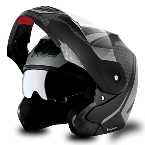 Image of Crux Dual Visor Full Face Helmet with Checks Design Scratch-Resistant Visor-Dull Black Silver,M