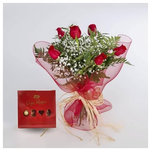 REGALA UNA FLOR | Ramo de 6 rosas naturales a domicilio | Entrega en 24 horas | Con caja de bombones y tarjeta de dedicatoria | 6 rosas y bombones