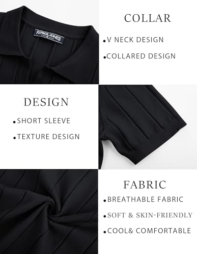 PJ PAUL JONES Men's Polo Shirt V Neck Texture Shirt Short Sleeve Casual Knit Polos 5