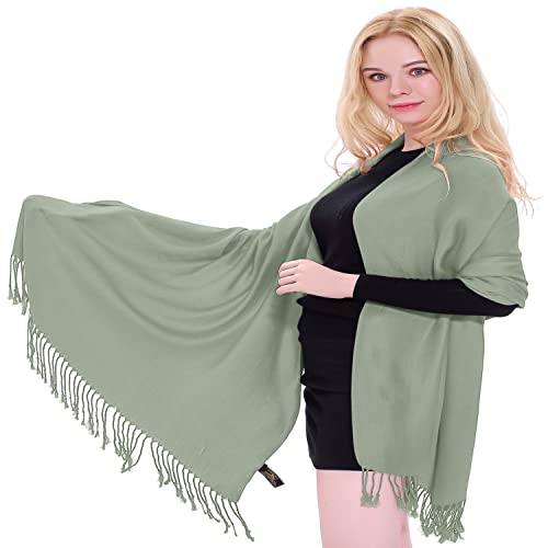 CJ Apparel Laurel Green Sage/Light/Pale/Grey Green Solid Color Tassels Design Nepalese Shawl Seconds Scarf Wrap Stole Throw Head Wrap Pashmina Hand Made in Nepal New2