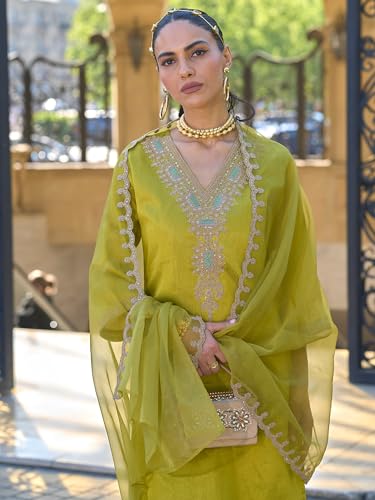 Image of INDO ERA Women's Silk Blend Embroidered Straight Kurta and Pant with Dupatta Set (KH9BK6210)