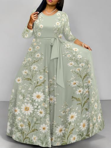 Image of Women Plus Size Long Sleeve V Neck Maxi Dress with Belt | Soft fabric relaxed fit three quarter sleeve v neck with pockets for party and daily wear