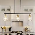Island Light for Kitchen, 3-Light Black and Gold Kitchen Island Farmhouse Linear Hanging Pendant Chandeliers, Matte Black Dining Room Light Fixture Over Table with Clear Round Glass Shades