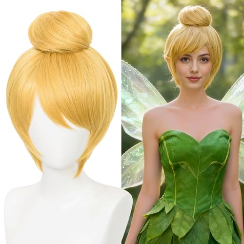 Aicos Short Fairy Princess Golden Tink Cosplay Wig with Bun Cosplay Wig for Women Golden Princess Wig with Bangs for Halloween Costume