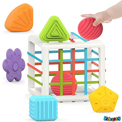Image of Kidology Baby Shape Sorting Toy | Montessori Sensory Toys with 6 Pcs Blocks Colorful Cube for Kids | Shape Sorting Bin with Elastic Bands Fine Motor Skill Early Learning Preschool Educational Blocks