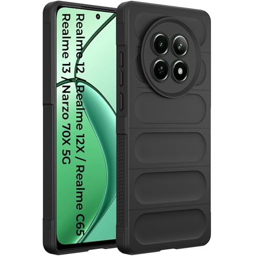 Image of A rtistque Liquid Silicone Stripes Back Cover Case for Realme Narzo 70x 5G / N65 / Realme 13 /12 / 12X 5G / C65 5G | with Camera Protection | with Inner Fabric | Anti Slip Grip | AirBag Case - Black