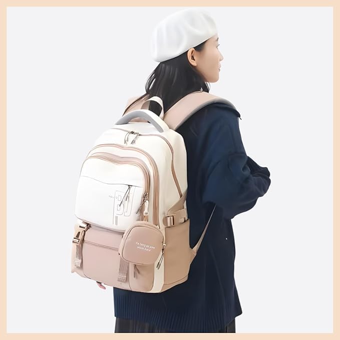 Image of Girls School Backpack with Small Zipper Pouch Fashion Nylon Backpack Multi Compartment Large Capacity Bag with Padded Shoulder Straps & Handle for School Travel Camping College