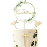 COMOOKA Tortendeko Kommunion Junge & Mädchen - Zur Kommunion Tortenstecker mit Elegantes Eukalyptus Design - inkl. Taube, Fisch & Kreuz Cake Topper aus Acryl - Erstkommunion Deko Gold