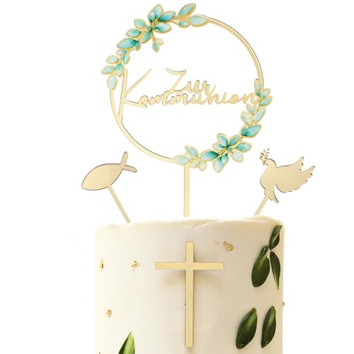 COMOOKA Tortendeko Kommunion Junge & Mädchen - Zur Kommunion Tortenstecker mit Elegantes Eukalyptus Design - inkl. Taube, Fisch & Kreuz Cake Topper aus Acryl - Erstkommunion Deko Gold