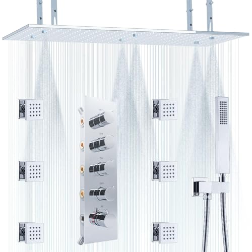NPYSVSSS Thermostatic Rain Shower System with Body Jets, 16×32 Inch Luxury Multi Shower Head System, Rain Mist Overhead Shower and Handheld Spray, Can Run Together and Control The Flow, Polished Chrom