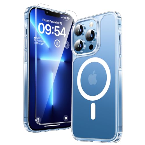TAURI für iPhone 13 Pro Hülle 6,1' mit Panzer Schutz Glas Folie, Kompatibel mit MagSafe, Schutz nach Militärstandard, [Anti-Vergilbung] Stoßfest Magnetisch Handyhülle - Durchsichtig