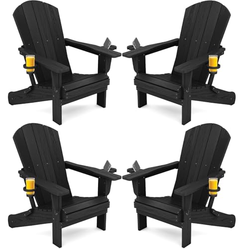 SERWALL HDPE Folding Adirondack Chair with Dual Cup Holder - Composite Adirondack Chair Set of 4- Black