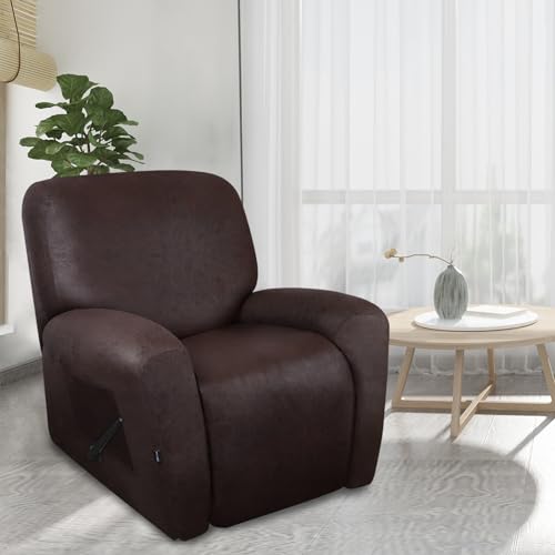Image of ANARACHON Leather Look Recliner Chair Covers Stay in Place 4-Piece Recliner Slipcovers for Reclining Chair Furniture Protector Spandex Fabric Washable (X-Large, Chocolate)