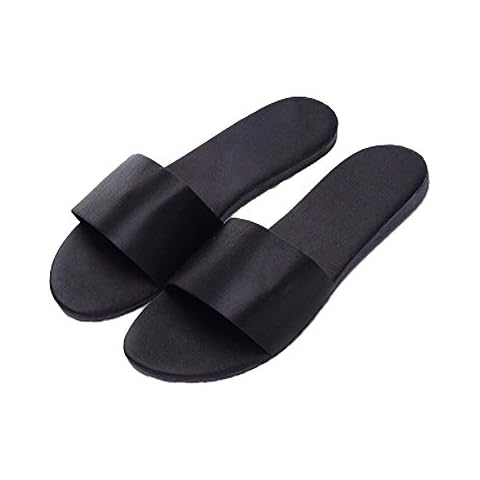 Women Satin Slide Flat Open Toe Soft Silky Slide Sandal House Slipper Black Cover