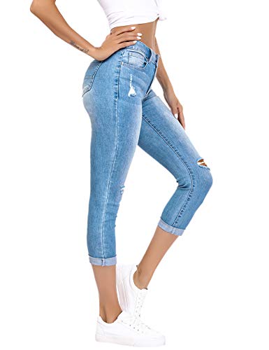 Resfeber Women's Ripped Boyfriend Jeans Stretch Distressed Jeans Capri Mom Jean With Hole #TOP2