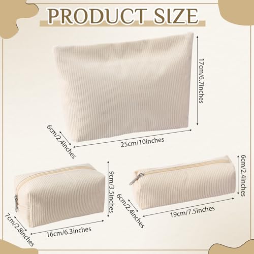 Huhumy 3 Pcs Corduroy Makeup Bag Set for Women, White, Solid Style by Huhumy - Used condition - Image 2