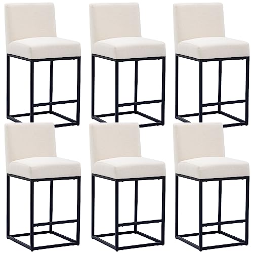 Image of HNY Modern Counter Height Bar Stools Set of 6, Linen Upholstered Kitchen Island Stools with Backrest, 27 Inch Bar Stools with Black Metal Frame, Cream