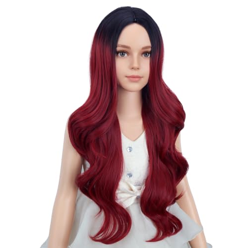 Image of PATTNIUM Long Ombre Red Wig for Kids Child Ombre Black to Red Wig Girls Middle Part Synthetic Wigs