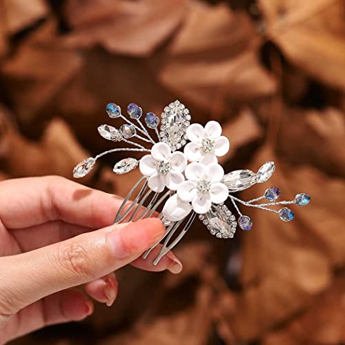 Catery Flower Bride Wedding Hair Comb Silver Small Side Comb Blue Crystal Bridal Hair Piece Hair Jewelry Bridal Hair Accessories For Women And Girls #TOP24