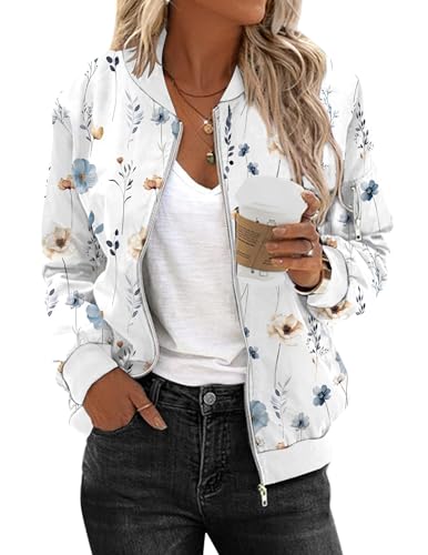Zeagoo Bomberjacke Damen Kurze Herbst Dünne Blouson Basic Bikerjacke Outdoorjacke Frühlings Fliegerjacke Winterblouson Weißer Druck XL
