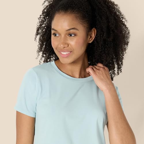 Amazon Essentials Suave y Ligera Camiseta Deportiva Corta de Algodón con Cuello Redondo y Manga Corta para Entrenamiento y Yoga Mujer, Azul Claro, M