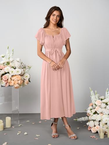 Image of SCOMCHIC Women Summer Maxi Dress Flutter Short Sleeve Square Neck Belted Casual A Line Flowy Wedding Guest Long Dresses