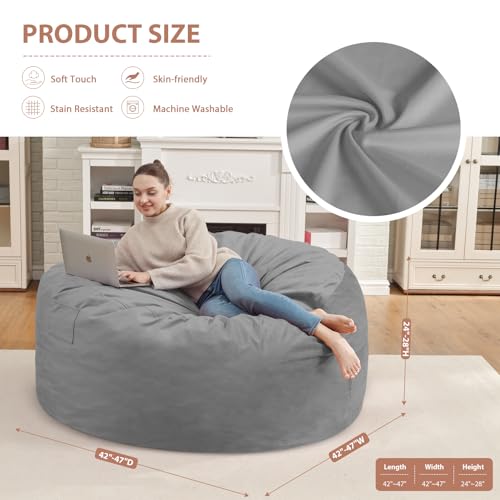 4FT Bean Bag Chair, Large Bean Bag Chairs with Memory Foam Filled, Fluffy Beanbag Sofa with Dutch Velvet Cover, Round BeanBag Chairs for Living Room, Playroom - Light Grey