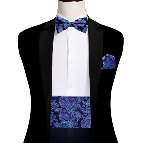 Image of YOHOWA Men Cummerbund Bow Tie Set Silk Paisley Formal Pre-Tied Bowtie Pocket Square Cufflinks Wedding Party Prom