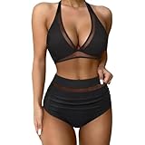 Risipu High Waisted Bikini Set Tummy Control Swimwear, High Waist Bikini Sets for Women UK, Push Up Bikinis 2 Piece Swimsuit Woman Ladies (UK, Alpha, XL, Regular, Regular, Black)