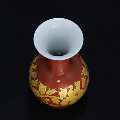 Amazon.co.jp: 吉田美統 人間国宝 九谷焼花瓶 朱地 釉裏金彩牡丹唐草