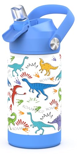 Ntswasd Botella De Agua Potable Botella De Agua Térmica De Pajita De Acero Inoxidable Botella Térmica De 350 Ml Sin Bpa A Prueba De Fugas, Adecuada Para Escuelas, Deportes, Niños （Azul dinosaurio）