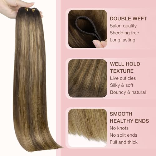 Image of GOO GOO Sew in Hair Extensions Real Human Hair, Weft Hair Extensions Human Hair, 4D /14 /5B Brunette Balayage 22inch 110g, Weft Bundles Straight Silky Remy Hair