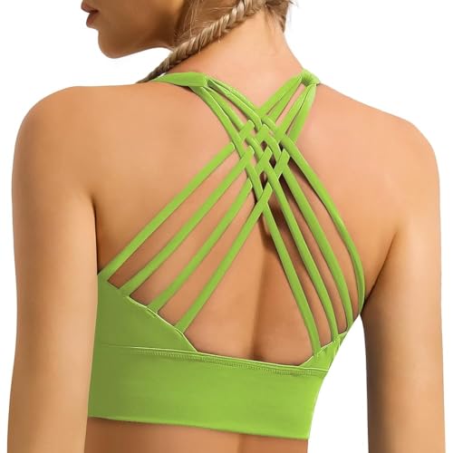 GYM RAINBOW Women's Strappy Longline Sports Bra Crisscross Back Medium Support Padded Workout Tank Yoga Crop Top, #1 Green, X-Small