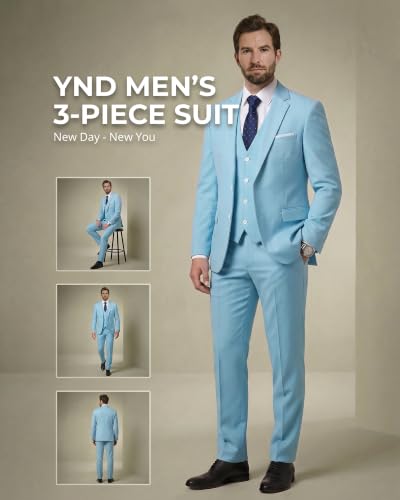 Image of YND Men's 3 Piece Suit with Tie, Solid Color Slim Fit Jacket Vest and Pants