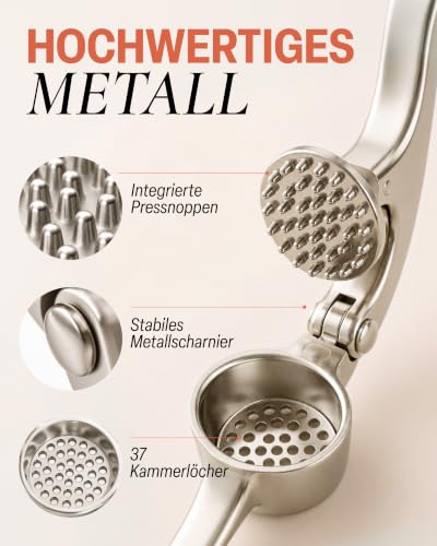 Foto von Zulay Kitchen Knoblauchpresse Edelstahl mit Silikon-Knoblauchschäler und Reinigungsbürste, Knoblauchpresse mit Komfortabler Griff, Ingwerpresse, Haushaltshelfer Knoblauch presse Garlic Crusher, Silber