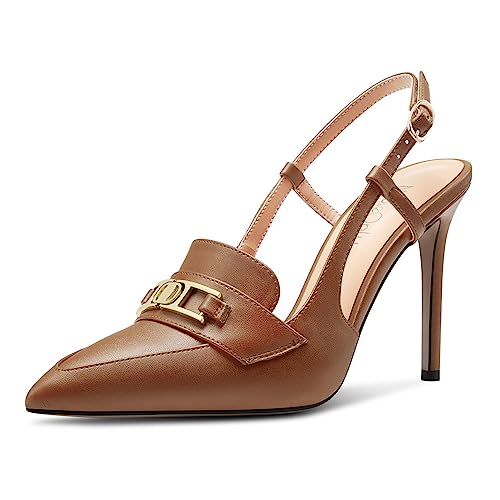 NobleOnly Damen Stiletto Hoher High Absatz Heel Spitze Zehenkappe Slingback Schnalle Pumps Lässig Büroschuhe Dress Schuhe 10 cm Heels Braun 40 EU