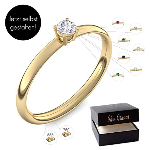 Verlobungsring Gelbgold 585 750 PERSONALISIERT + ETUI mit individueller GRAVUR Damen-Ring Heiratsantrag Diamant-Ring Zirkonia Aquamarin Rubin Smaragd Saphir Brillant Blautopas