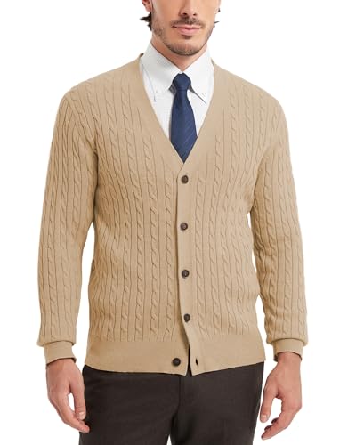 Kallspin Mens 100% Cotton Cardigan Sweater Cable Knit V Neck Button Up