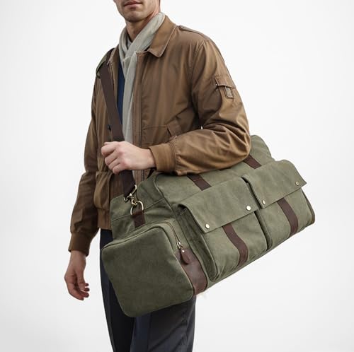 S-ZONE Duffle Bag for Travel Canvas Duffel Bags Carry on Leather Trim Overnight Weekender Men Women Grey2