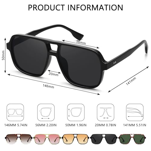 Classic Retro Aviator Sunglasses for Women Men Oversized Trendy Square Vintage Double Bridge Aviators Shades FZN8214