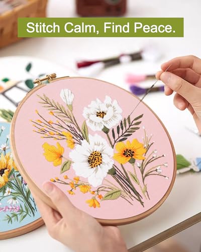 Image of Santune 3 Pack Flower Embroidery Kit for Beginners Adults Cross Stitch Needlepoint Kits Hand Craft with Plant Patterns,3 Instructions,1 Hoop,Threads and 6 Needles
