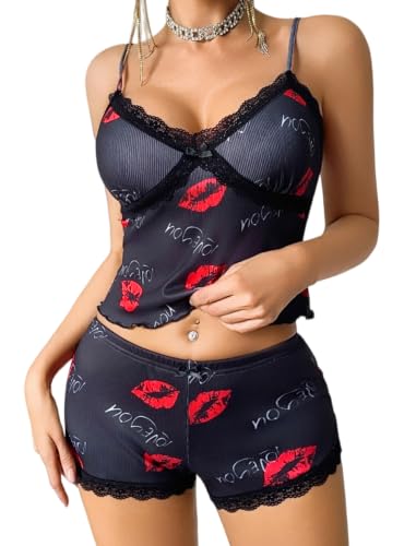 Image of Avidlove Women's Soft Ribbed Knit Cami Pajama Set Sexy V Neck Lace Trim Sleepwear Side Slit Shorts Lingerie Nightwear