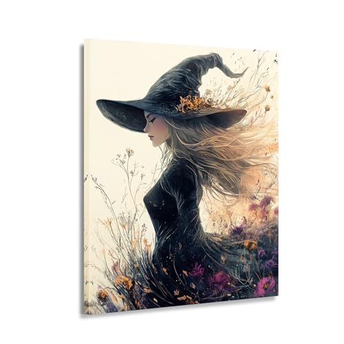 Peinture murale décorative sur toile sorcière et fleurs pour décoration gothique